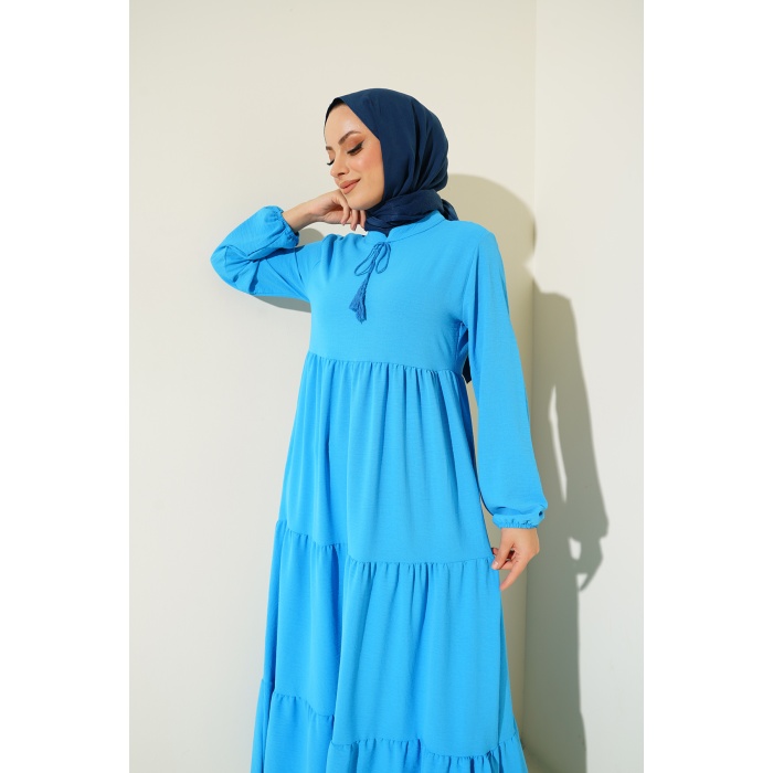 1627 Yaka Bağcıklı Tesettür Elbise - C.Mavi