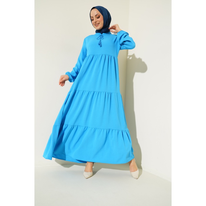 1627 Yaka Bağcıklı Tesettür Elbise - C.Mavi