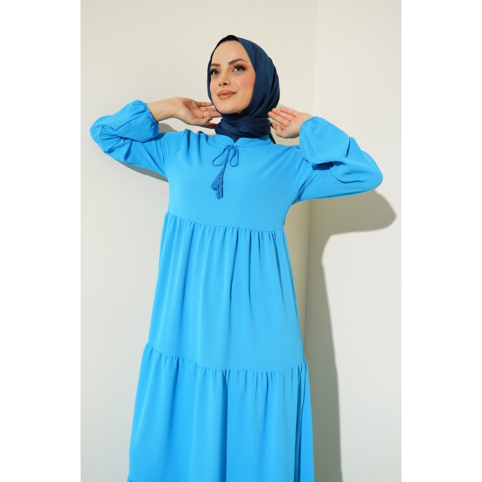 1627 Yaka Bağcıklı Tesettür Elbise - C.Mavi