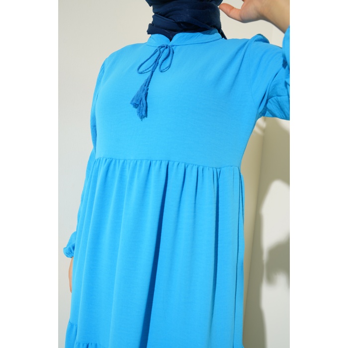 1627 Yaka Bağcıklı Tesettür Elbise - C.Mavi