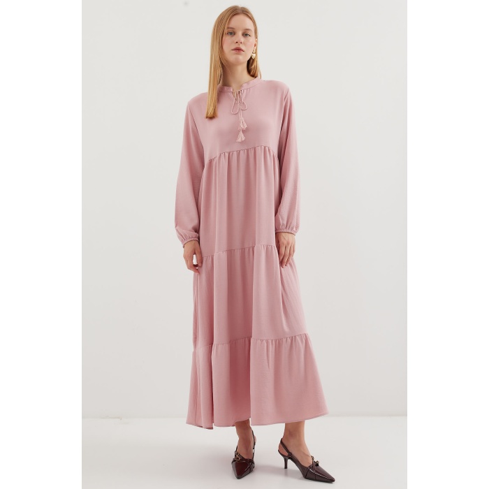 1627 Yaka Bağcıklı Tesettür Elbise - A. Pembe
