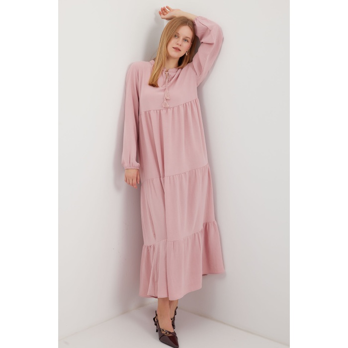 1627 Yaka Bağcıklı Tesettür Elbise - A. Pembe