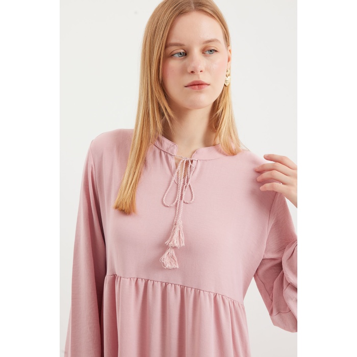 1627 Yaka Bağcıklı Tesettür Elbise - A. Pembe