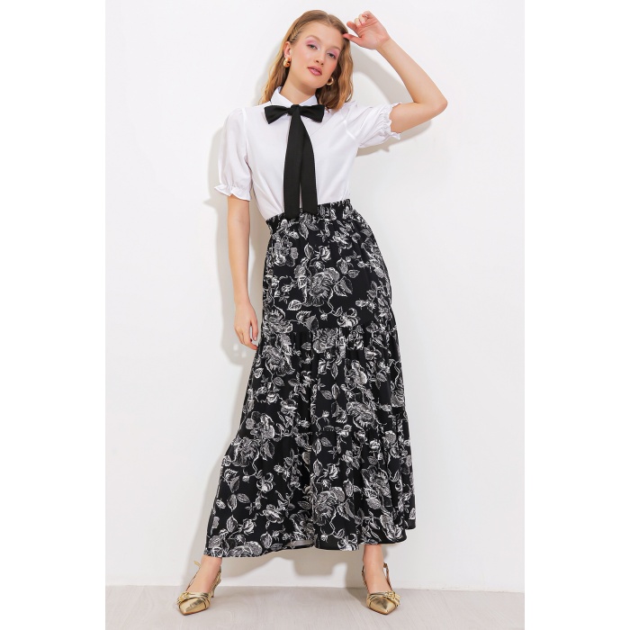 Kadın Siyah Desenli Uzun Viskon Etek 1898