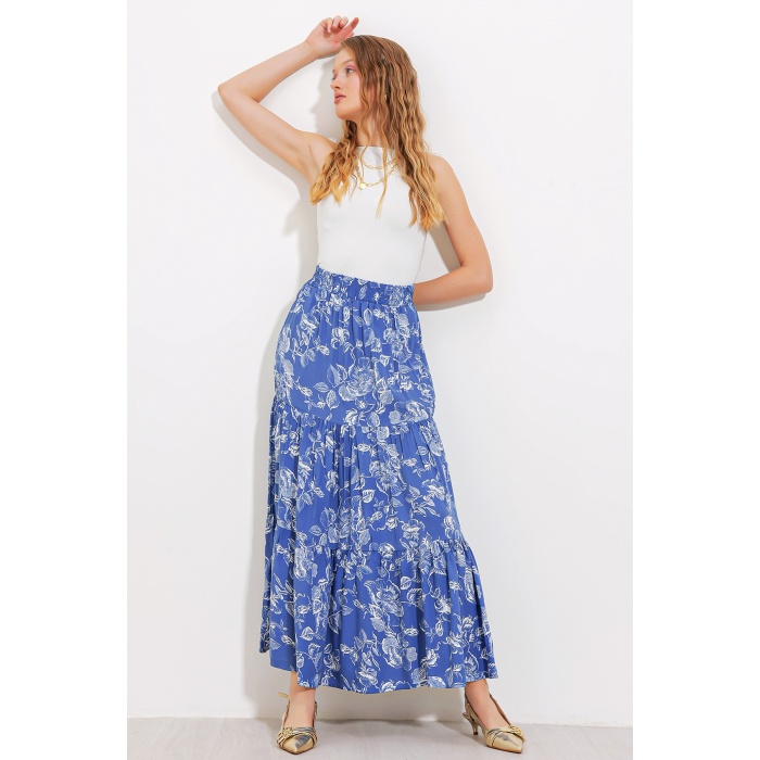 Kadın İndigo Desenli Uzun Viskon Etek 1898