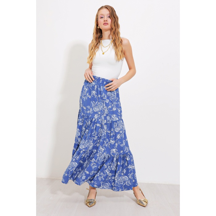 Kadın İndigo Desenli Uzun Viskon Etek 1898