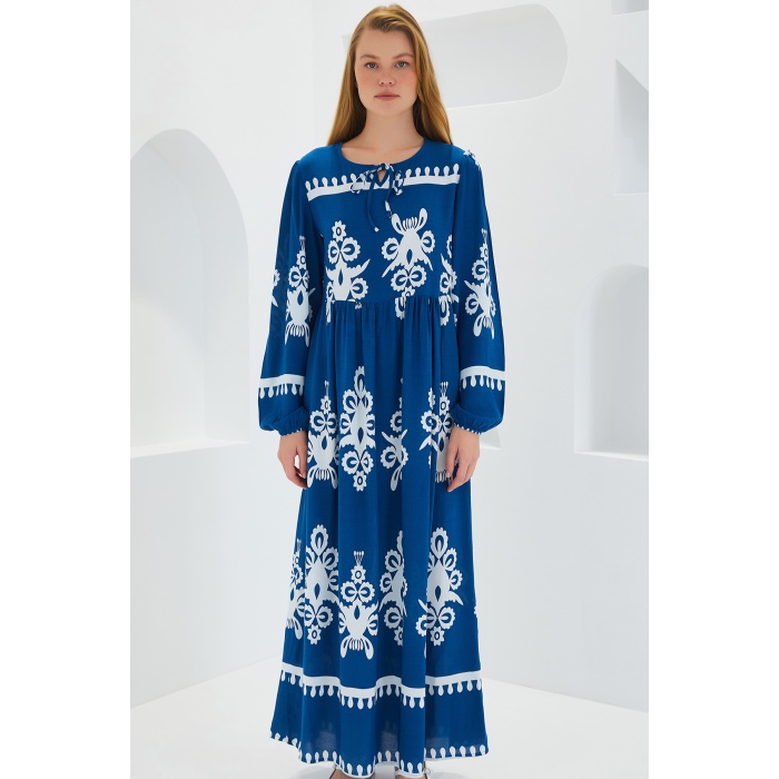 Kadın Petrol Beyaz Desenli Uzun Viskon Elbise 1947