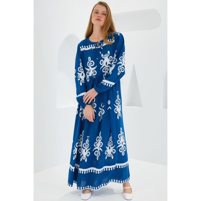 Kadın Petrol Beyaz Desenli Uzun Viskon Elbise 1947