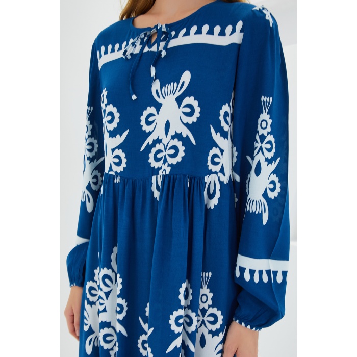 Kadın Petrol Beyaz Desenli Uzun Viskon Elbise 1947