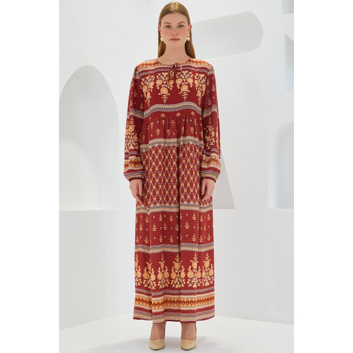 Kadın Kiremit Bej Desenli Uzun Viskon Elbise 1947