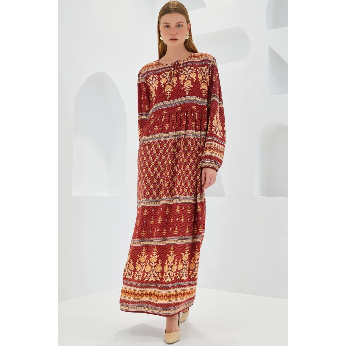 Kadın Kiremit Bej Desenli Uzun Viskon Elbise 1947