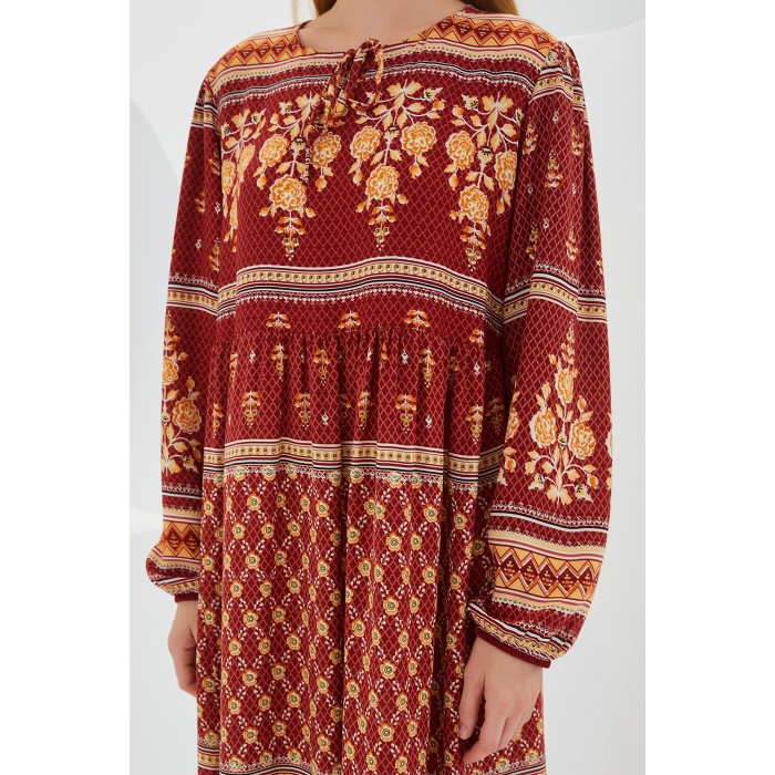 Kadın Kiremit Bej Desenli Uzun Viskon Elbise 1947