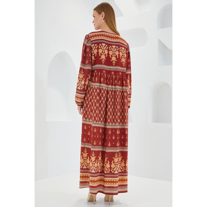 Kadın Kiremit Bej Desenli Uzun Viskon Elbise 1947