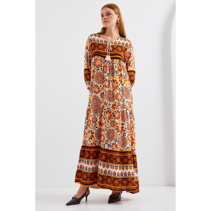 1947 Desenli Uzun Elbise - T. Kahverengi