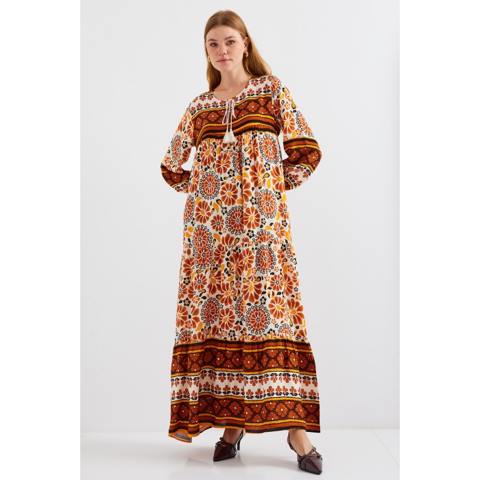 1947 Desenli Uzun Elbise - T. Kahverengi