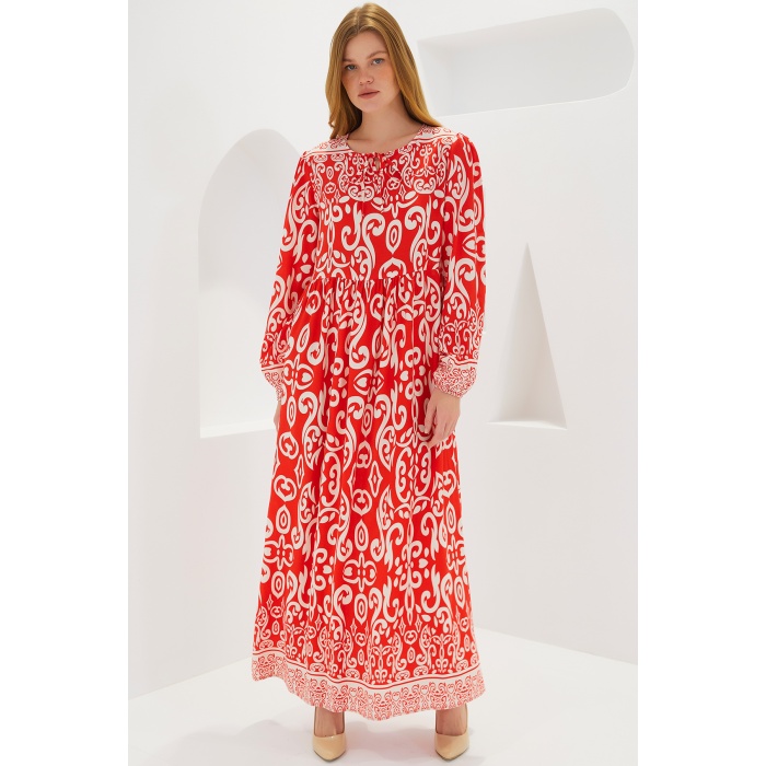 Kadın Kırmızı Desenli Uzun Viskon Elbise 1947