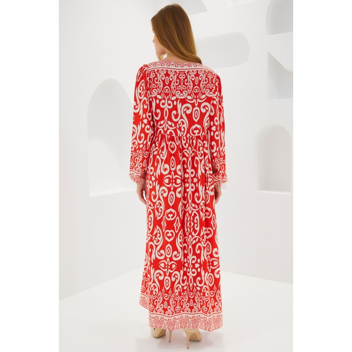 Kadın Kırmızı Desenli Uzun Viskon Elbise 1947