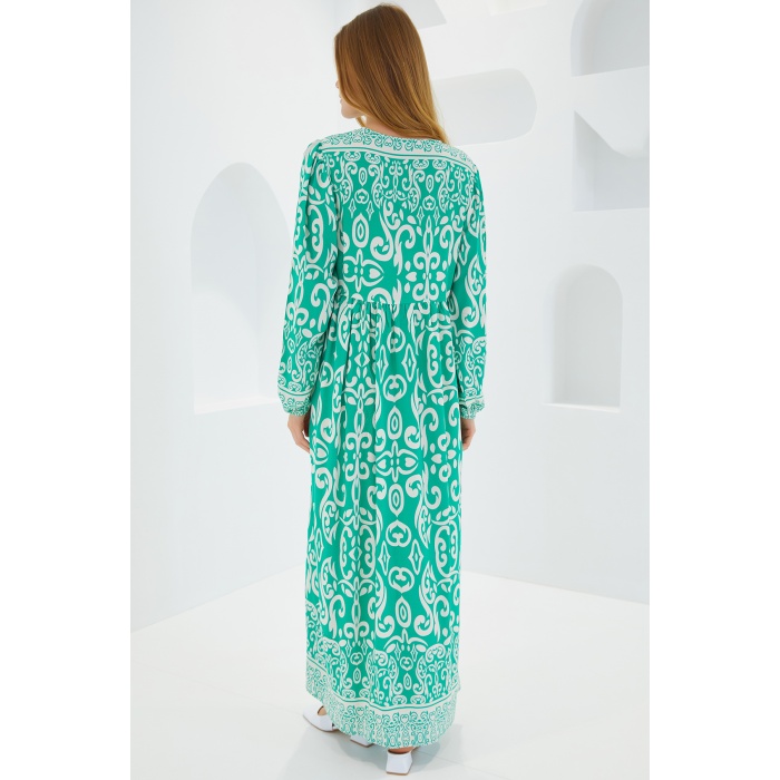 Kadın Yeşil Ekru Desenli Uzun Viskon Elbise 1947