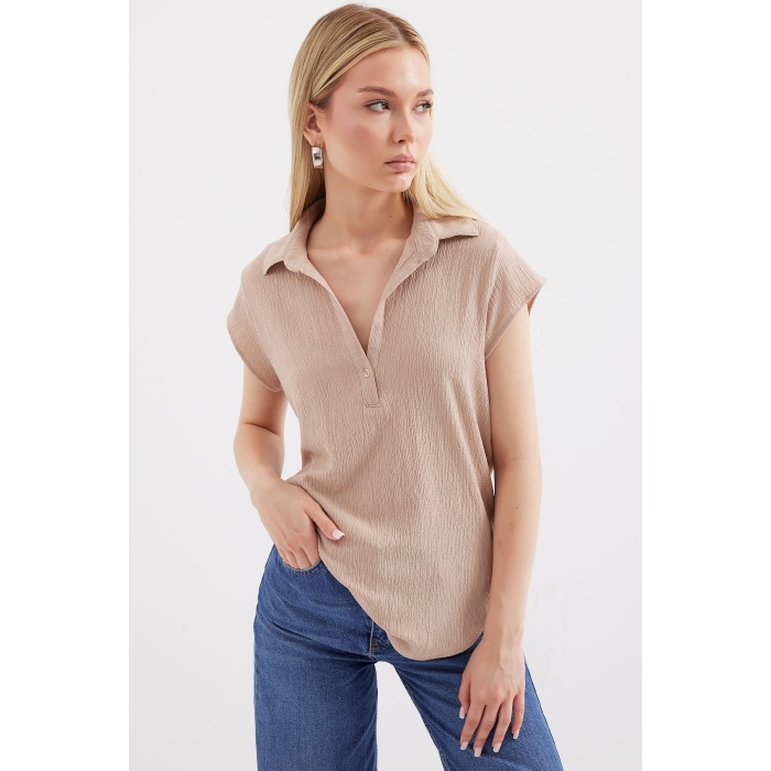 20123 Polo Yaka Örme Bluz - Bej