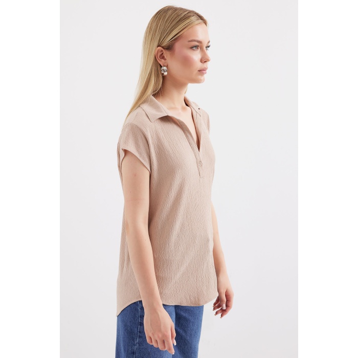 20123 Polo Yaka Örme Bluz - Bej