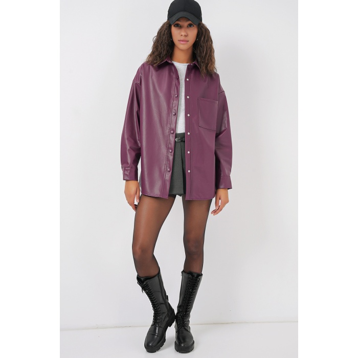 20134 Oversize Suni Deri Gömlek - Mürdüm