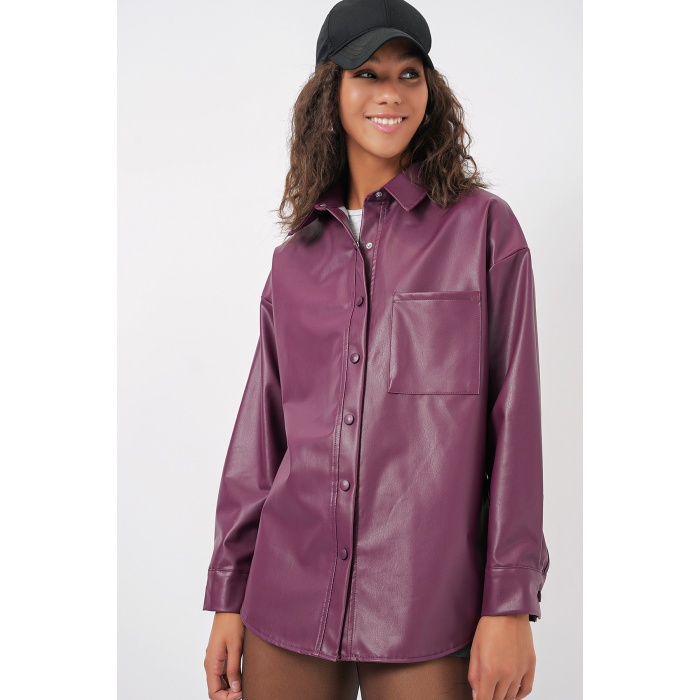 20134 Oversize Suni Deri Gömlek - Mürdüm