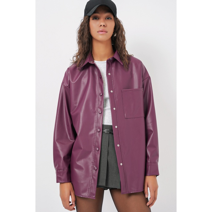 20134 Oversize Suni Deri Gömlek - Mürdüm