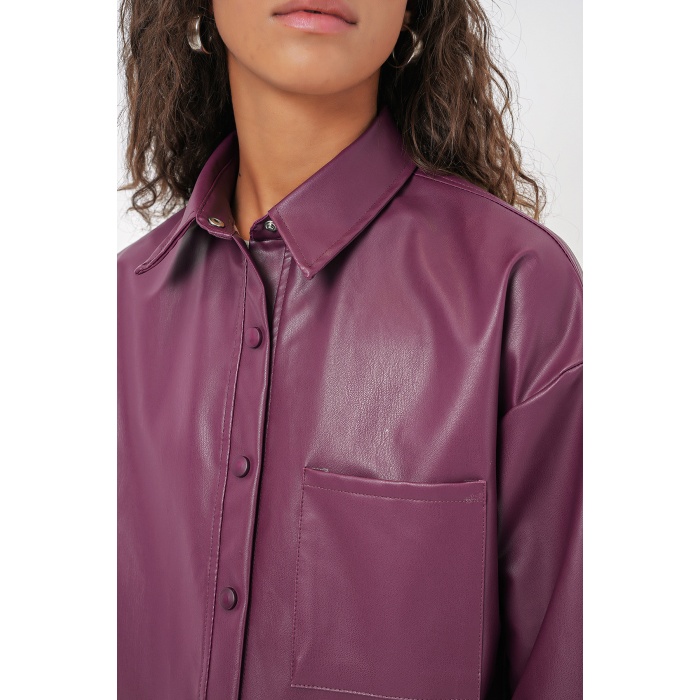 20134 Oversize Suni Deri Gömlek - Mürdüm