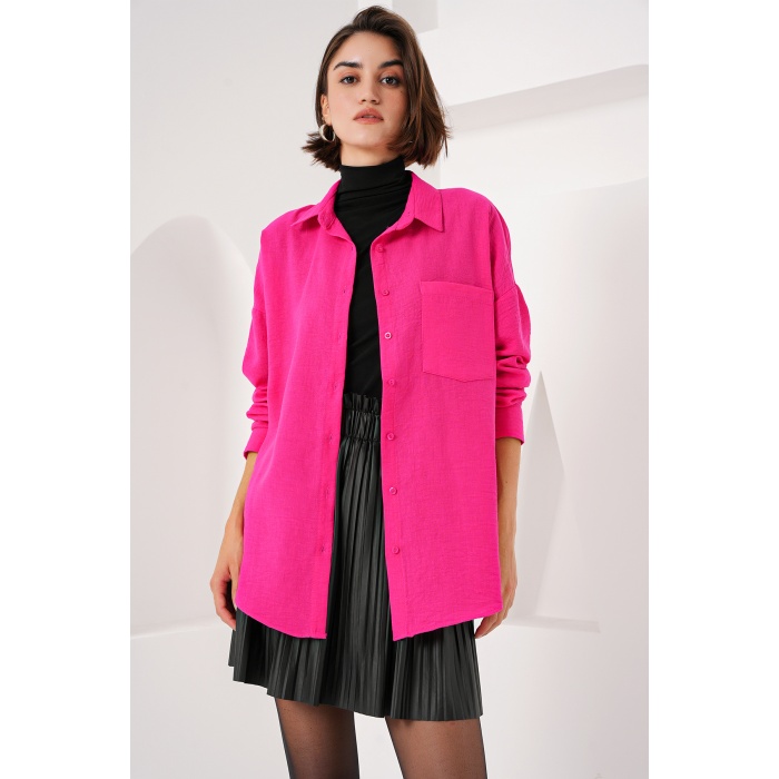 20153 Tek Cepli Oversize Keten Gömlek - Fuşya