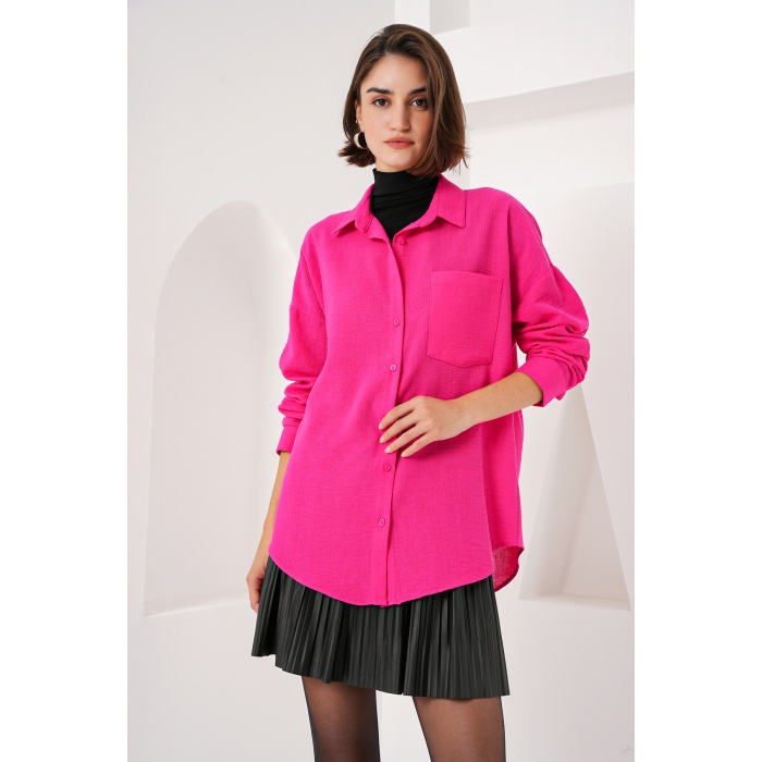 20153 Tek Cepli Oversize Keten Gömlek - Fuşya