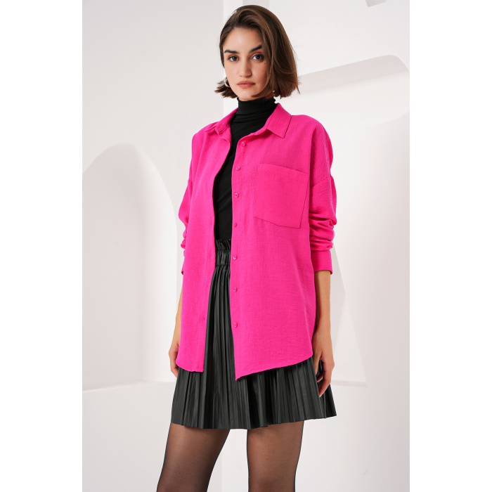 20153 Tek Cepli Oversize Keten Gömlek - Fuşya