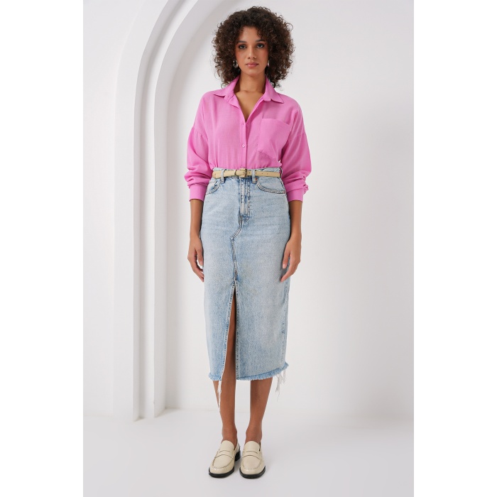 20153 Tek Cepli Oversize Keten Gömlek - Pembe