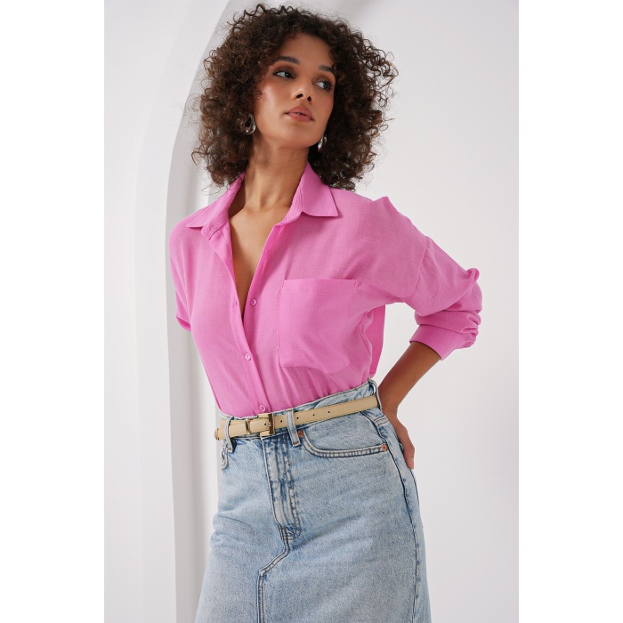 20153 Tek Cepli Oversize Keten Gömlek - Pembe