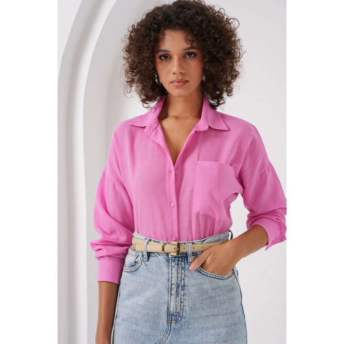 20153 Tek Cepli Oversize Keten Gömlek - Pembe