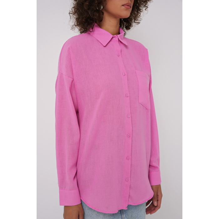 20153 Tek Cepli Oversize Keten Gömlek - Pembe