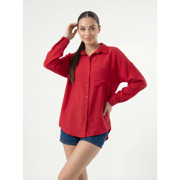 20153 Tek Cepli Oversize Keten Gömlek - Nar