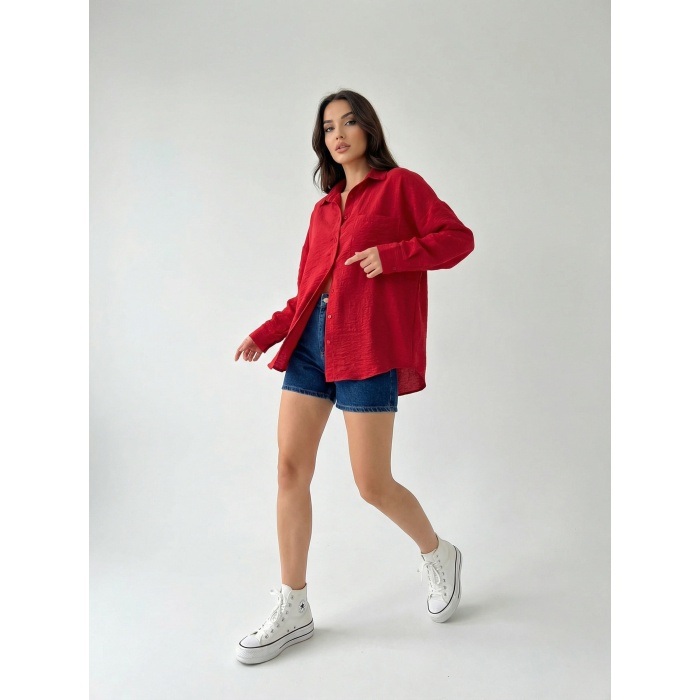 20153 Tek Cepli Oversize Keten Gömlek - Nar