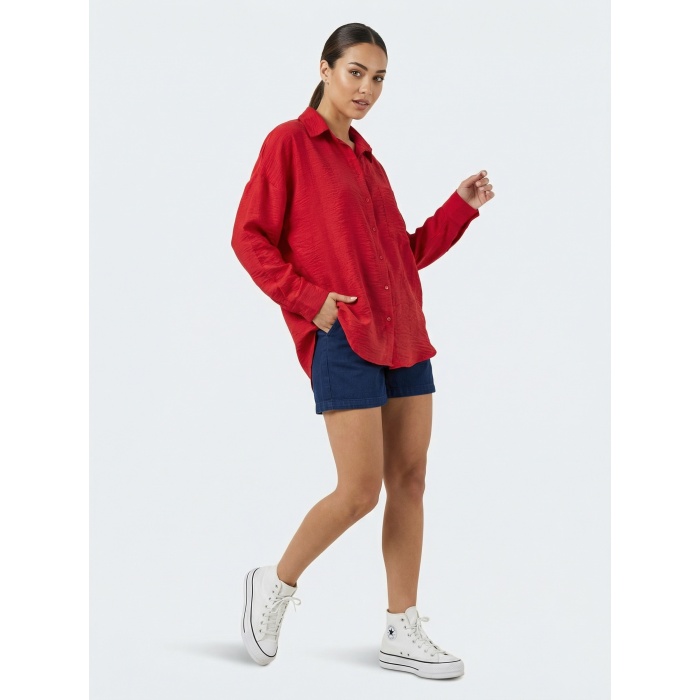 20153 Tek Cepli Oversize Keten Gömlek - Nar