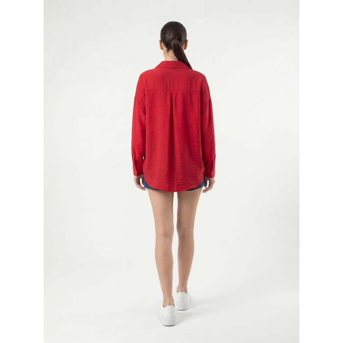 20153 Tek Cepli Oversize Keten Gömlek - Nar