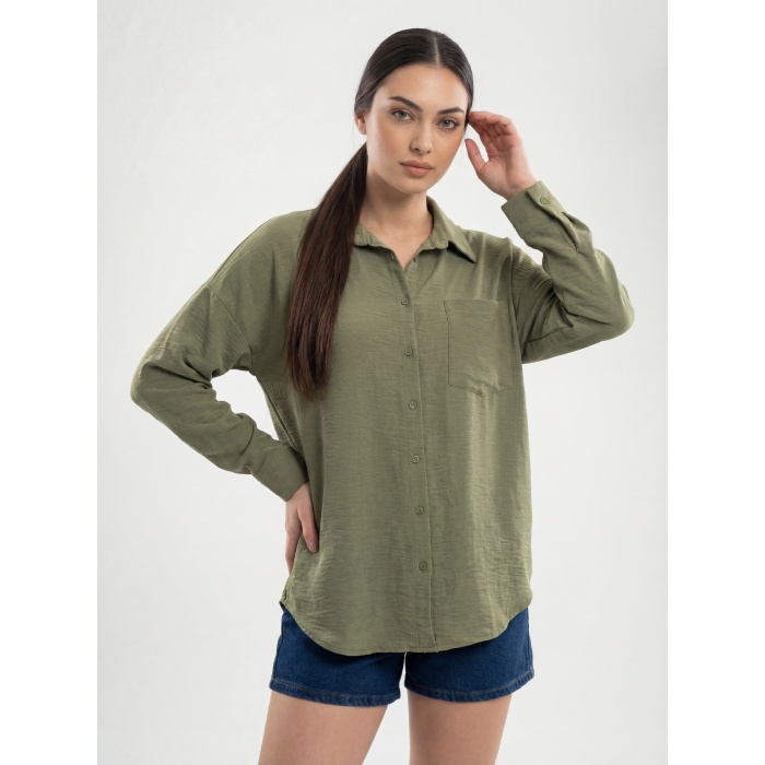 20153 Tek Cepli Oversize Keten Gömlek - A.Haki