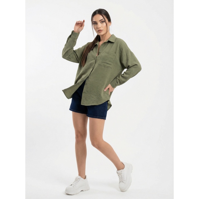 20153 Tek Cepli Oversize Keten Gömlek - A.Haki