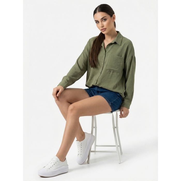 20153 Tek Cepli Oversize Keten Gömlek - A.Haki