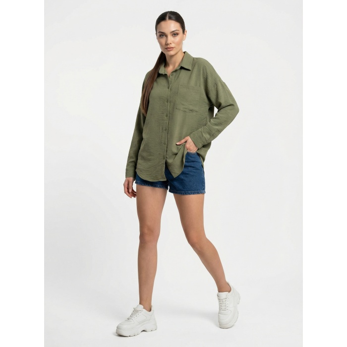 20153 Tek Cepli Oversize Keten Gömlek - A.Haki