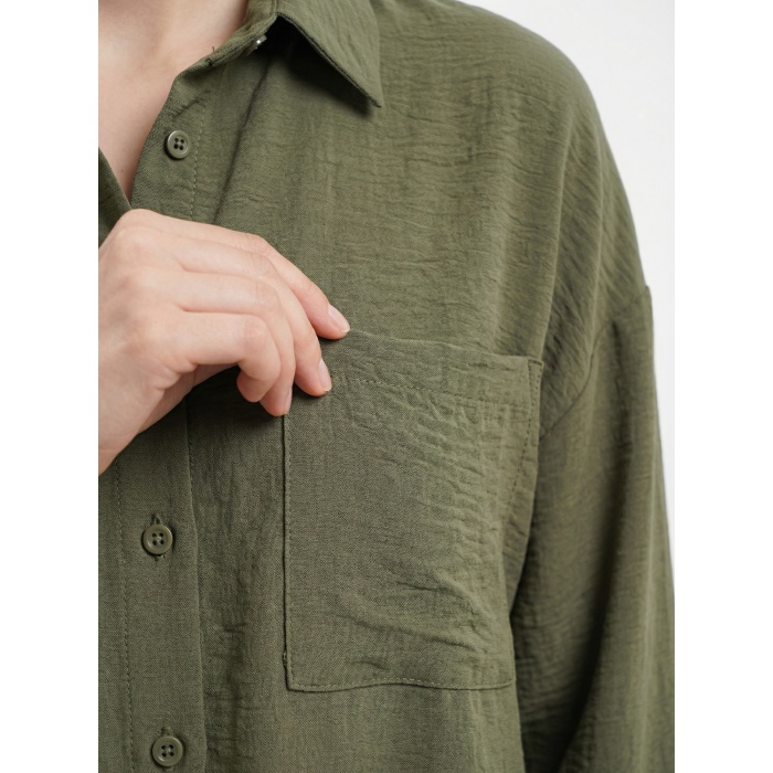 20153 Tek Cepli Oversize Keten Gömlek - A.Haki