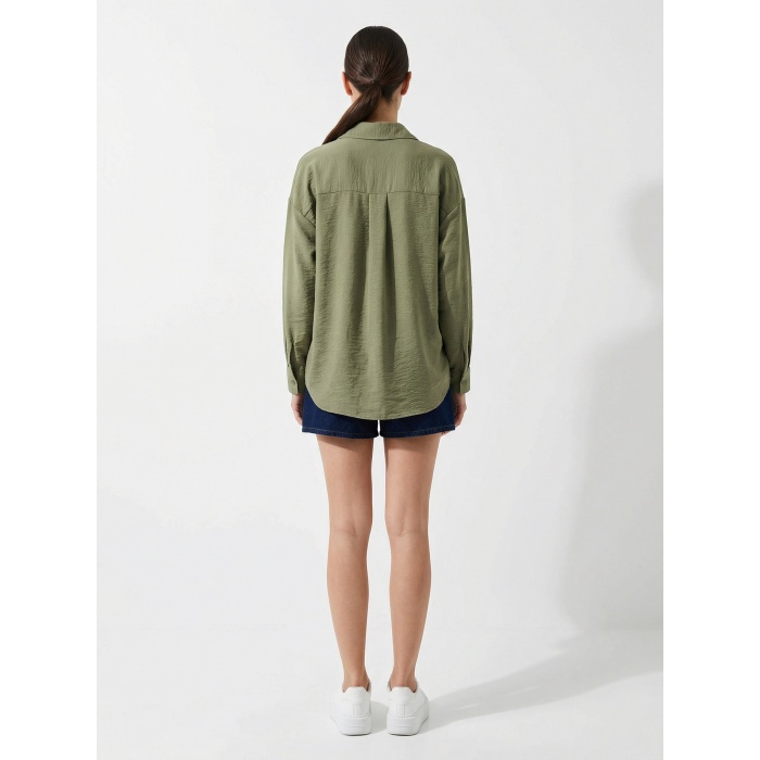 20153 Tek Cepli Oversize Keten Gömlek - A.Haki