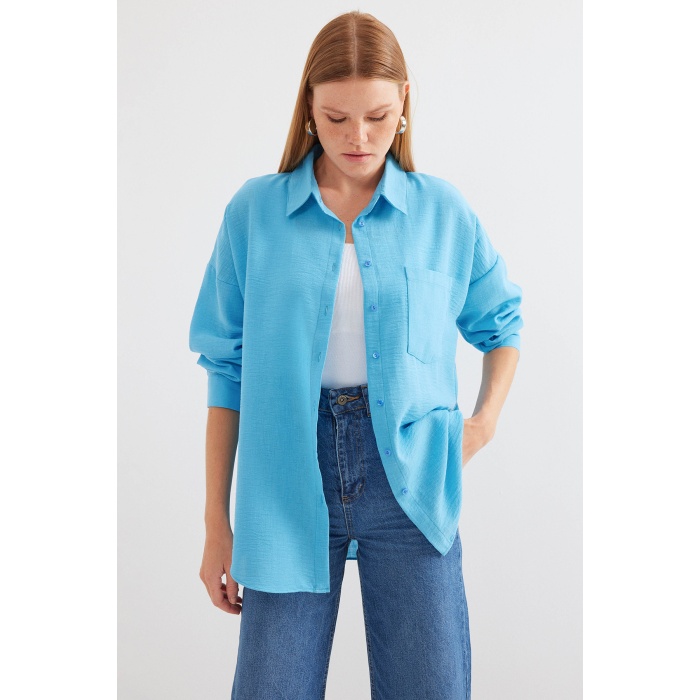 20153 Tek Cepli Oversize Keten Gömlek - Açık Mavi