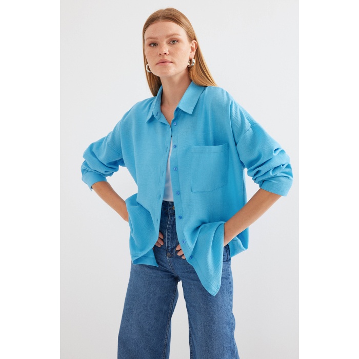 20153 Tek Cepli Oversize Keten Gömlek - Açık Mavi