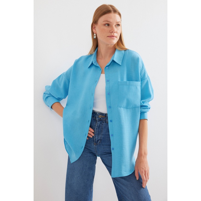 20153 Tek Cepli Oversize Keten Gömlek - Açık Mavi