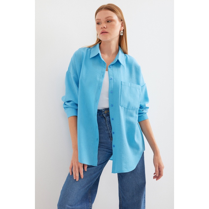 20153 Tek Cepli Oversize Keten Gömlek - Açık Mavi