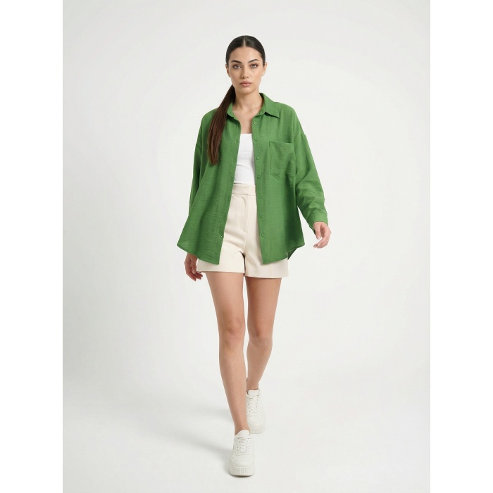 20153 Tek Cepli Oversize Keten Gömlek - G.Yeşil